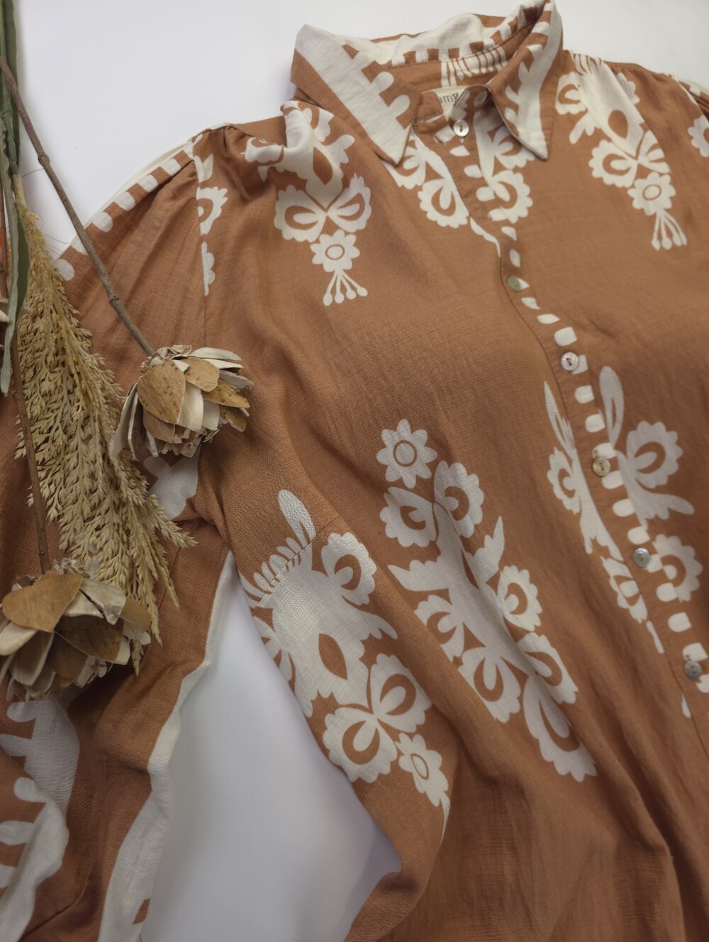 Umgee Camel Cream Floral Print Button-Front Women’s Dress Sz L - Picture 3 of 12